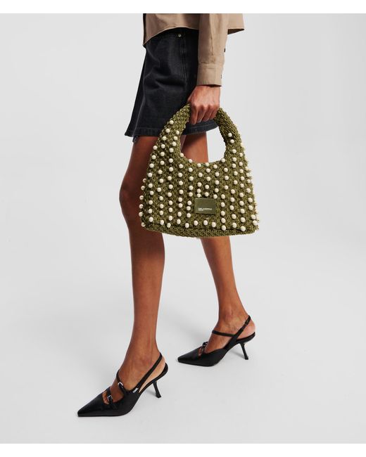 Karl Lagerfeld Green Häkeltasche Mit Perlen Und Tragegriff Oben, Frau, Größe