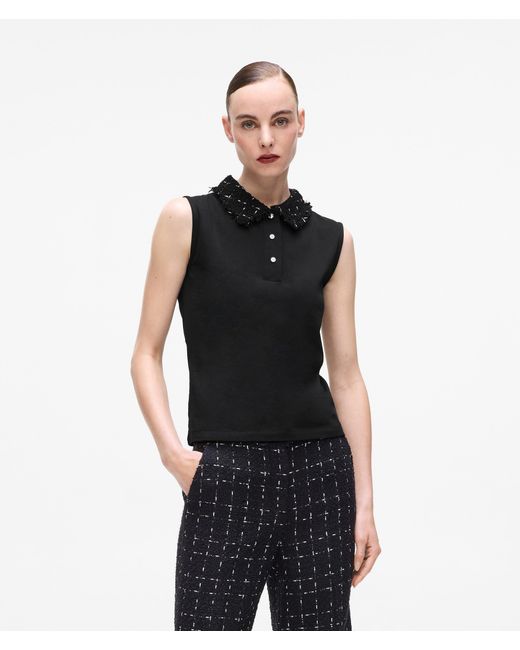 Karl Lagerfeld Black Bouclé Detail Polo Shirt