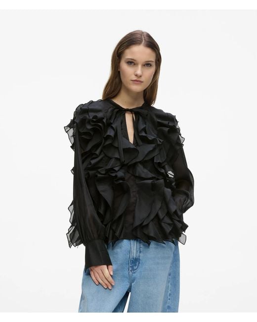 Karl Lagerfeld Black Organza Ruffle Blouse