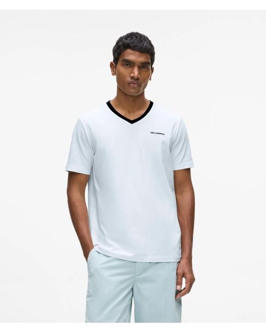 Karl Lagerfeld White Contrast V-Neck T-Shirt for men