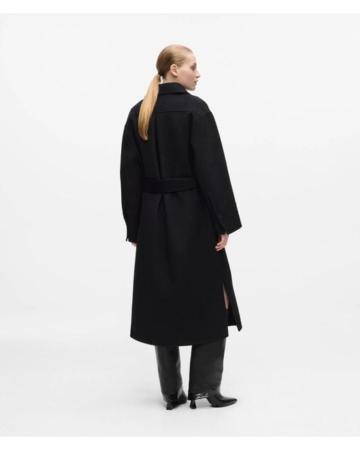 Karl Lagerfeld Black Belted Long Wool-Blend Coat