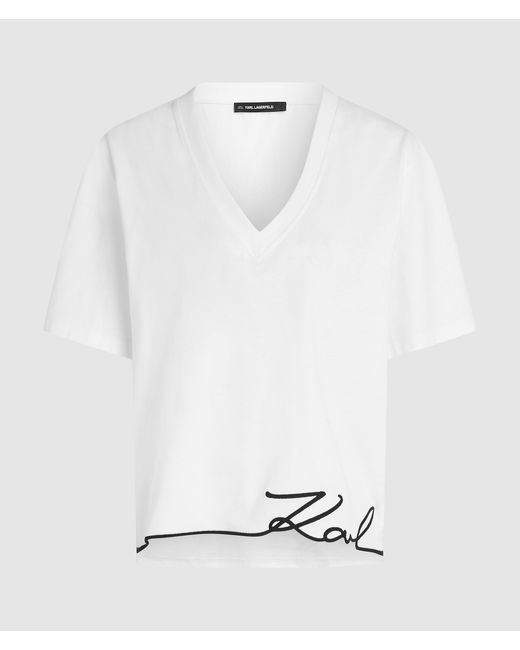 Karl Lagerfeld White T-Shirt Mit V-Ausschnitt Und Signature-Saum, Damen, Größe