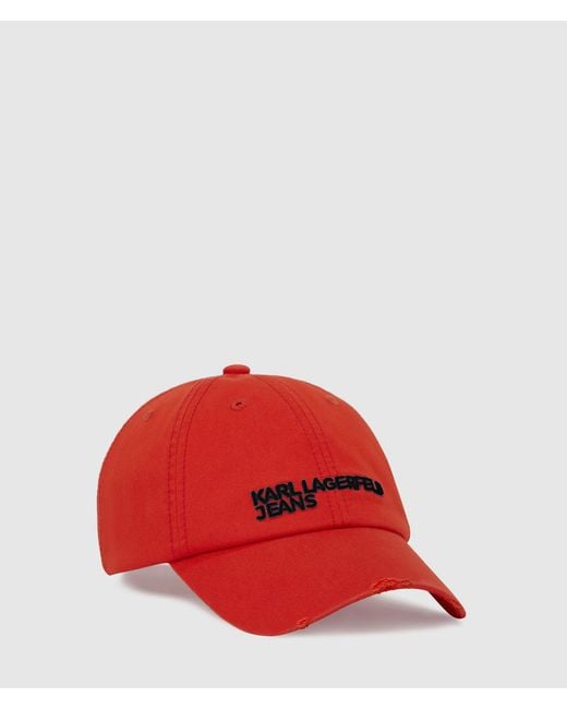 KL Jeans Red Distressed Logo Cap for men