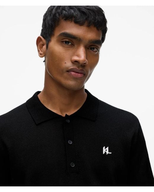 Karl Lagerfeld Black Merino Wool Long-Sleeved Polo Shirt for men