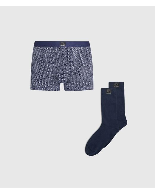 Karl Lagerfeld Blue Ikon Trunks And Socks Gift Set for men