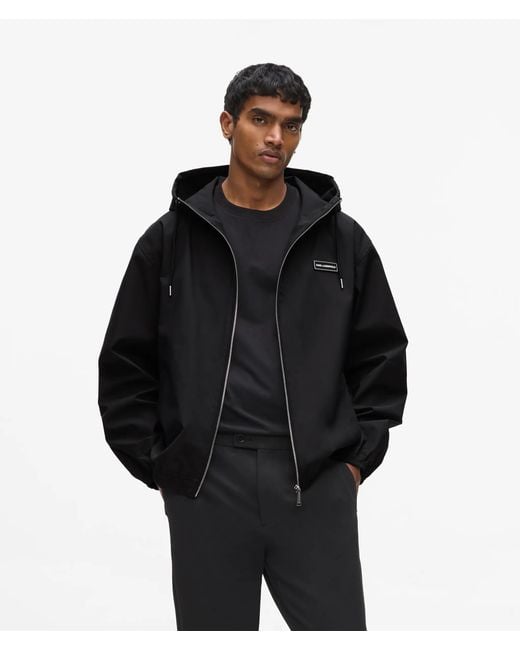 Karl Lagerfeld Black Hooded Logo Patch Zip-Up Jacket for men