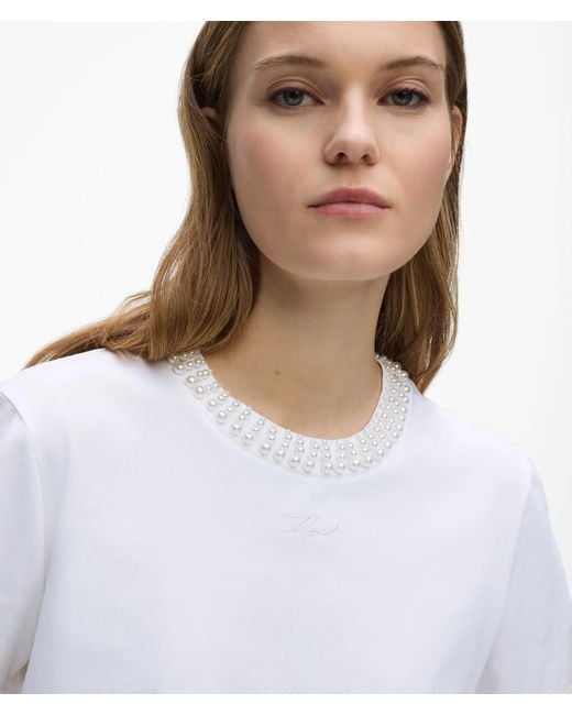 Karl Lagerfeld White Faux-Pearl Neck T-Shirt