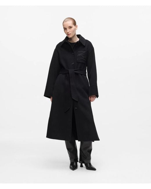 Karl Lagerfeld Black Belted Long Wool-Blend Coat