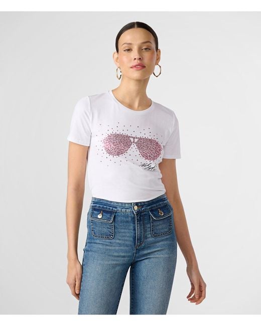 Karl Lagerfeld | Women's Sunglasses Rhinestone T-shirt | White/pink | Cotton/spandex | Size 2xs