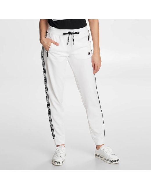 Karl Lagerfeld Fleece Side Logo Tape Joggers in White/Black (White 