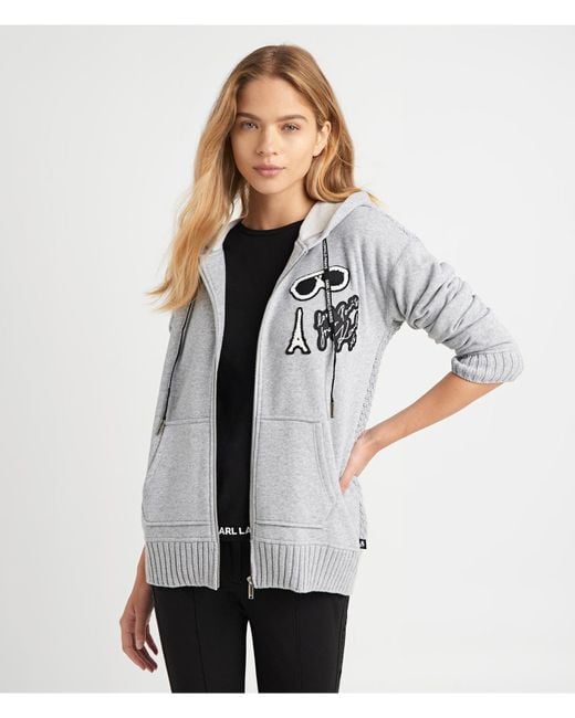 Karl Lagerfeld Gray | Women's Karl Patches Cable Knit Zip Front Jacket | Light Grey Heather | Size 2xs