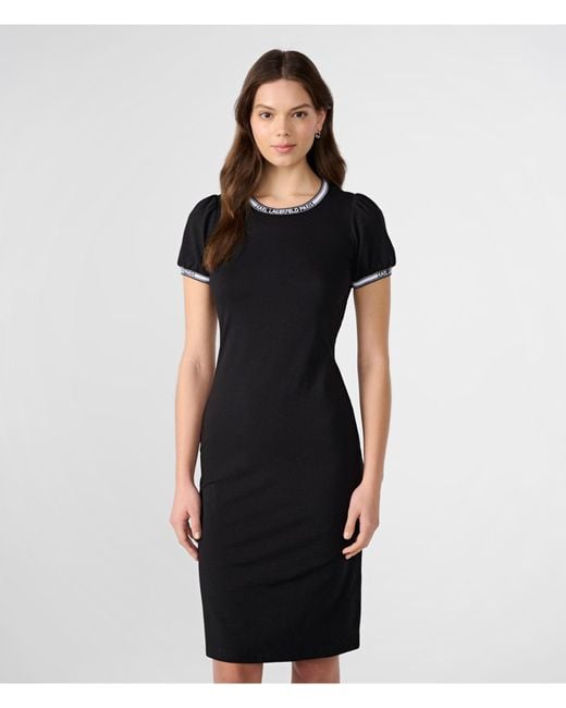 Karl Lagerfeld | Women's Logo Tape Puff Sleeve T-shirt Dress | Black | Cotton/spandex | Size Xs