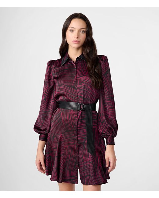 Karl Lagerfeld Red | Women's Faux Leather Trim Belted Shirt Dress | Black/port Wine