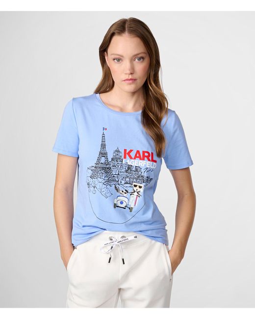 Karl Lagerfeld Blue | Women's Karl And Choupette Vespa T-shirt | Hydrangea Purple | Cotton/spandex | Size 2xs