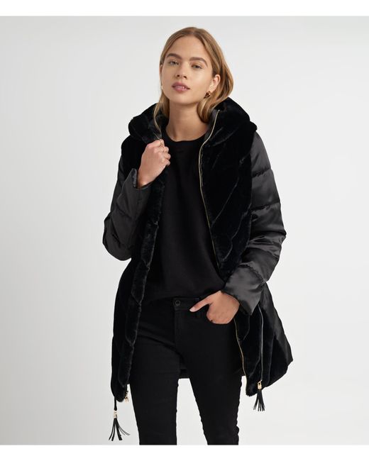 Karl Lagerfeld | Women's Tiered Faux Fur Belted Tassel Puffer Jacket | Black | Size Xl