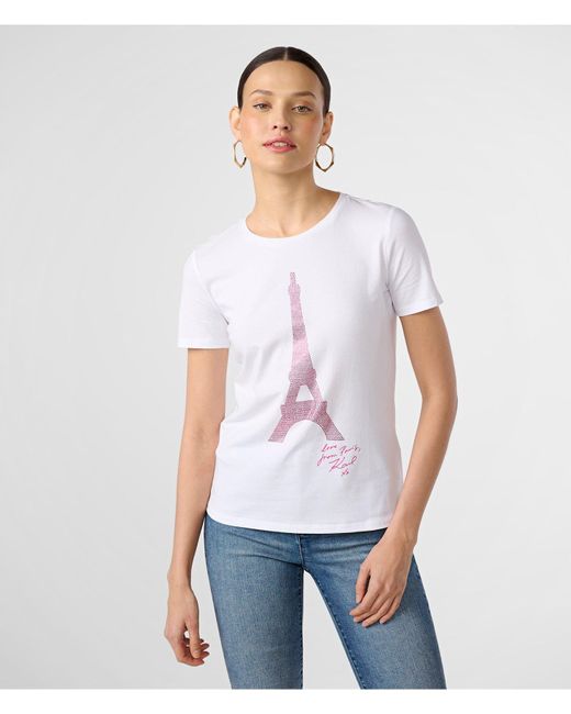 Karl Lagerfeld | Women's Sequin Eiffel Tower T-shirt | White/pink | Cotton/spandex | Size 2xs