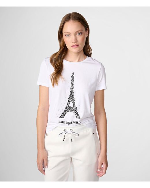 Karl Lagerfeld | Women's Karl Head Silhouette Eiffel Tower T-shirt | White | Cotton/spandex | Size 2xs