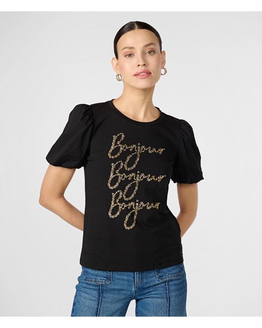 Karl Lagerfeld | Women's Puff Sleeve Sequin Bonjour T-shirt | Black | Size 2xs