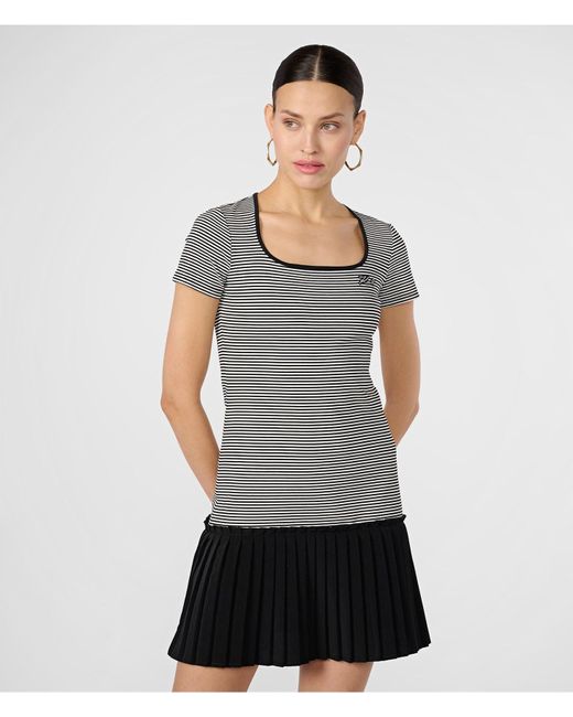 Karl Lagerfeld Gray | Women's Striped Pleated Hem T-shirt Dress | Black/soft White | Size 2xs