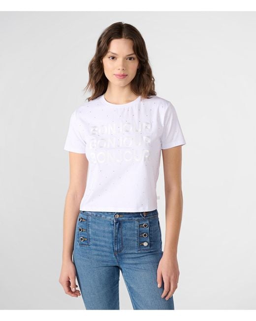 Karl Lagerfeld | Women's Rhinestone Bonjour T-shirt | White | Cotton/spandex | Size 2xs