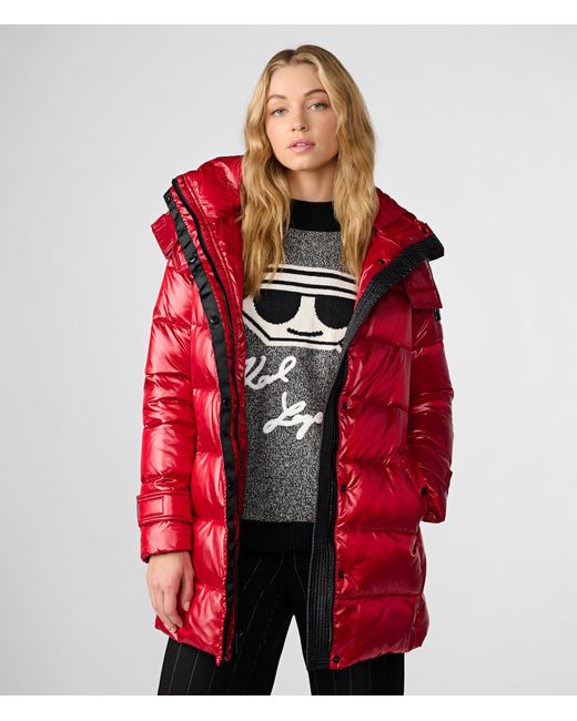 Karl Lagerfeld | Women's Contrast Belted Short Puffer Jacket | Red | Size Xs