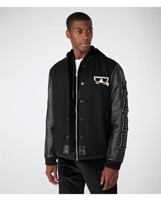 Karl Lagerfeld | Men's Wool And Leather Blend Varsity Bomber Jacket | Black  | Acrylic/polyester | Size Medium for Men | Lyst