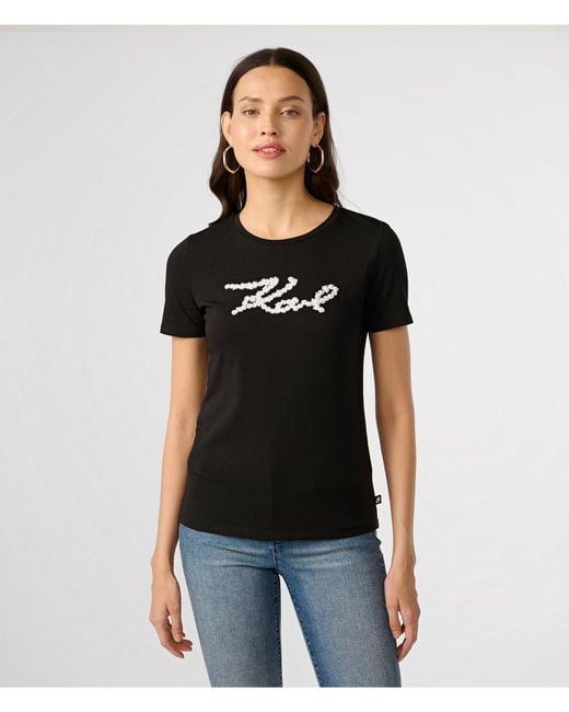 Karl Lagerfeld | Women's Contrast Daisies Logo T-shirt | Black/white | Cotton/spandex | Size 2xs
