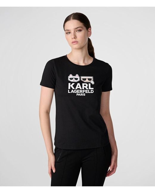 Karl Lagerfeld | Women's Karl And Choupette Emoji T-shirt | Black | Cotton/elastane Spandex | Size Xl