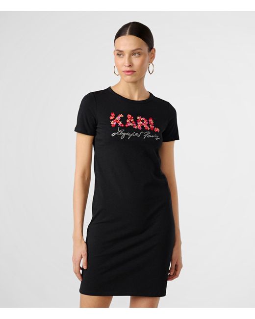 Karl Lagerfeld | Women's Daisies Logo T-shirt Dress | Black/pink | Cotton/spandex | Size 2xs