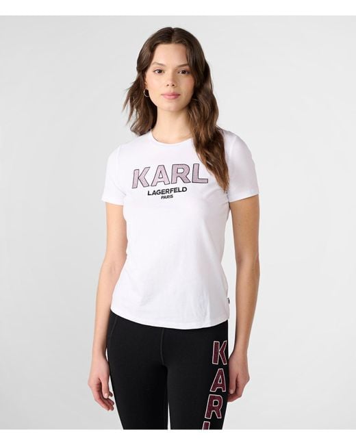 Karl Lagerfeld | Women's Karl Sequin Logo T-shirt | White/pink | Cotton/spandex | Size 2xs