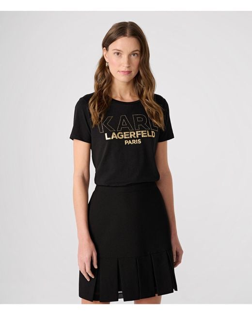 Karl Lagerfeld | Women's Rhinestone Logo T-shirt | Black/gold | Cotton/spandex | Size 2xs