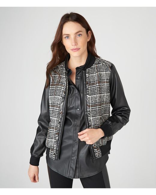Karl Lagerfeld | Women's Tweed Bomber With Faux Leather Sleeves Jacket | Black/roasted Pecan | Size Xs