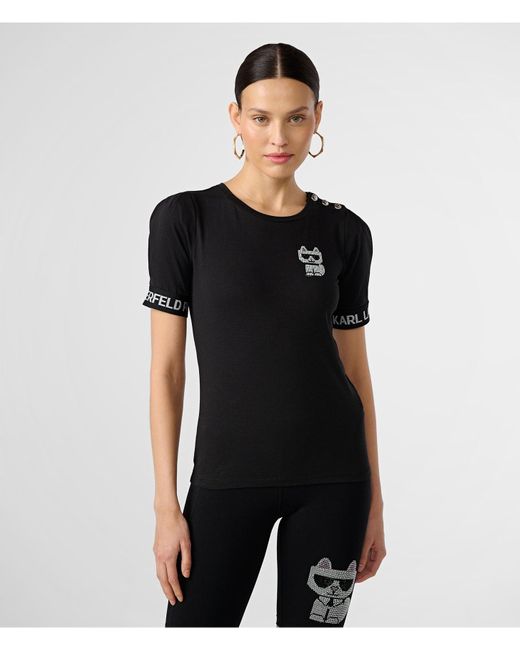 Karl Lagerfeld | Women's Puff Sleeve Sequin Choupette T-shirt | Black | Cotton/spandex | Size 2xs