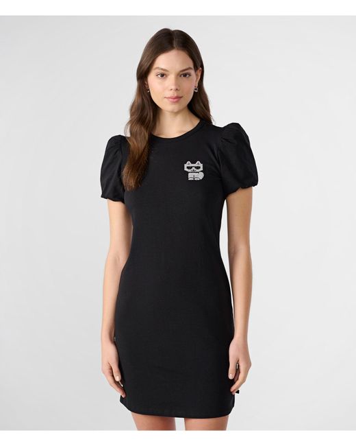 Karl Lagerfeld | Women's Choupette Rhinestone Puff Sleeve T-shirt Dress | Black | Cotton/spandex | Size 2xs