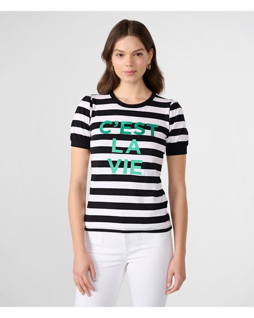 Karl Lagerfeld | Women's Striped C'est La Vie T-shirt | Black/soft White/kelly | Cottton/modal/spandex | Size 2xs