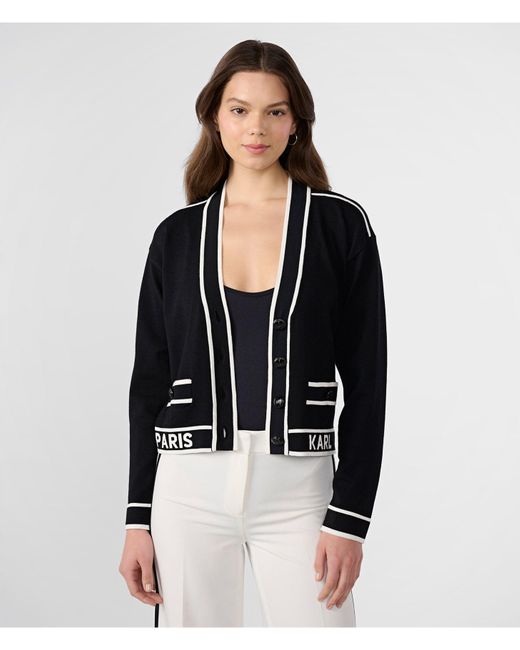 Karl Lagerfeld | Women's Cropped Colorblock Cardigan | Black | Cotton/nylon | Size Large