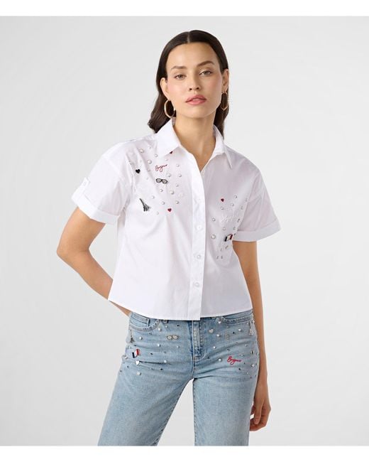 Karl Lagerfeld | Women's Whimsy Pins Cropped Button Down Shirt | White | Size 2xs