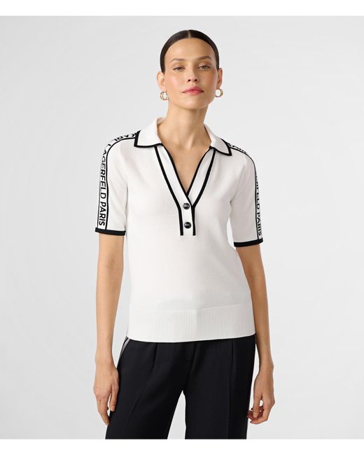 Karl Lagerfeld | Women's Short Sleeve Logo Tape Polo Shirt Sweater | Soft White/black | Size Medium