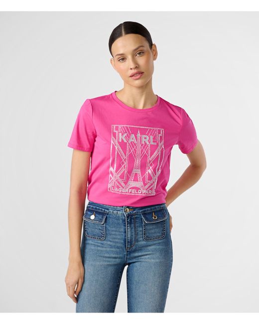Karl Lagerfeld Red | Women's Sparkle City Scene T-shirt | Fuschia Pink | Cotton/spandex | Size Large