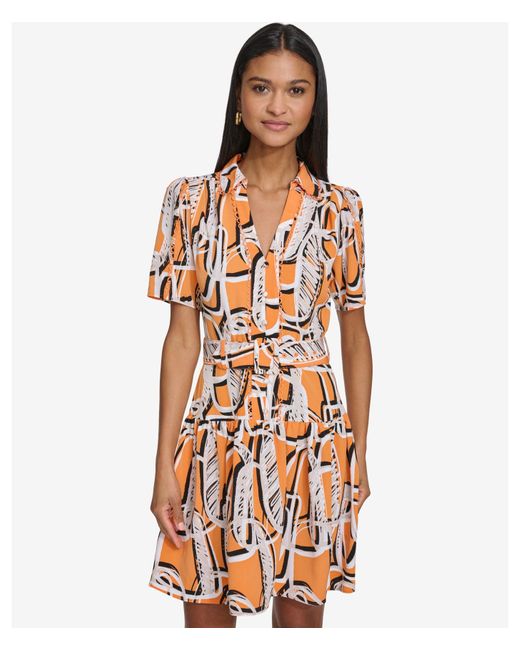 Karl Lagerfeld Orange | Women's Short Sleeve Printed Shirt Dress | Tangerine