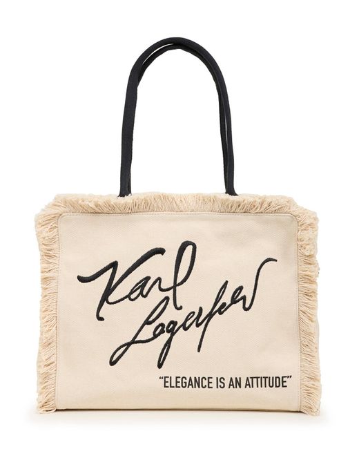 Karl Lagerfeld Natural | Women's Margot Fringe Canvas Zip Tote Bag | Beige/black | Size