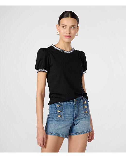 Karl Lagerfeld | Women's Puff Sleeve Ribbed Trim T-shirt | Black | Cotton/spandex | Size 2xs