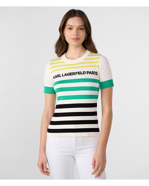 Karl Lagerfeld Green | Women's Short Sleeve Stripe Logo Knit Sweater | Soft White/black/kelly/chartr | Rayon/nylon | Size Xs