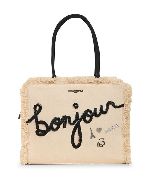 Karl Lagerfeld | Women's Margot Fringe Zip Canvas Tote Bag | Black/natural