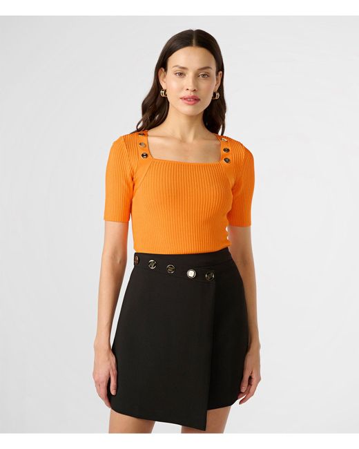 Karl Lagerfeld | Women's Button Detail Square Neck Sweater | Tangerine Orange | Rayon/nylon | Size 2xs
