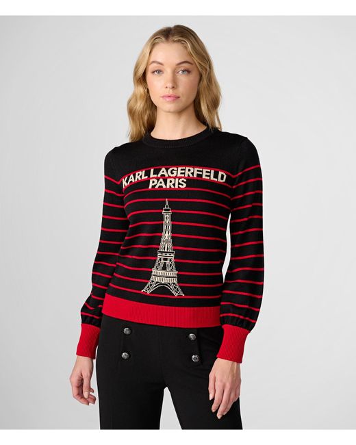 Karl Lagerfeld Red | Women's Stripes And Eiffel Crewneck Sweater | Black/admiral | Size 2xs