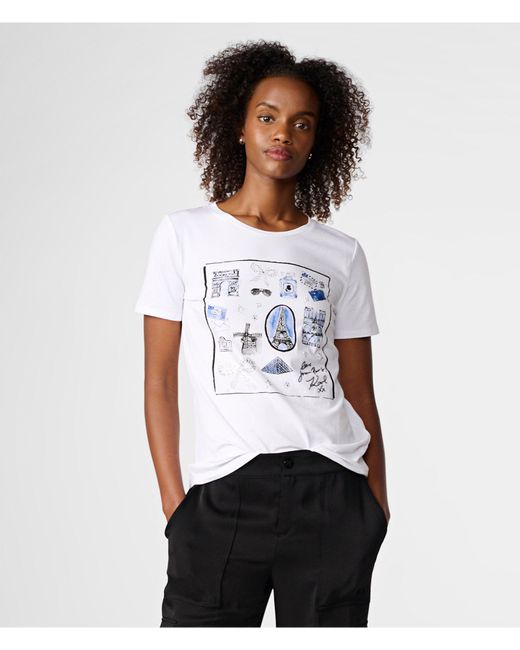 Karl Lagerfeld | Women's Paris Landmark Whimsy T-shirt | White | Cotton/spandex | Size Medium