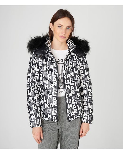 Karl Lagerfeld | Women's Karl Print Puffer With Remoavable Faux Fur Trim Hood Jacket | Black/white | Size Xs