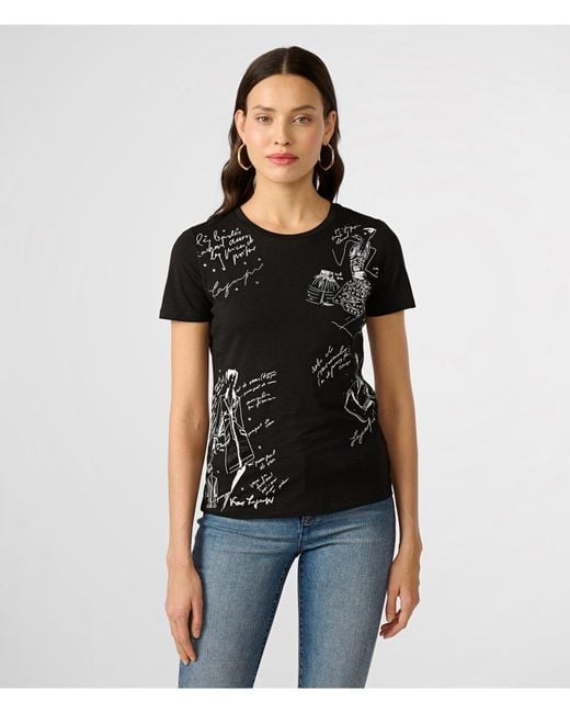 Karl Lagerfeld | Women's Sparkle Fashion Sketch T-shirt | Black/silver | Cotton/spandex | Size 2xs