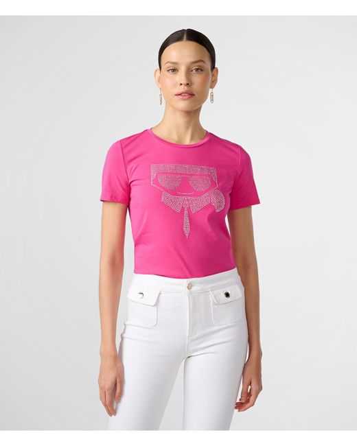 Karl Lagerfeld | Women's Karl Sequin Head Logo T-shirt | Fuchsia Pink | Cotton/spandex | Size 2xs